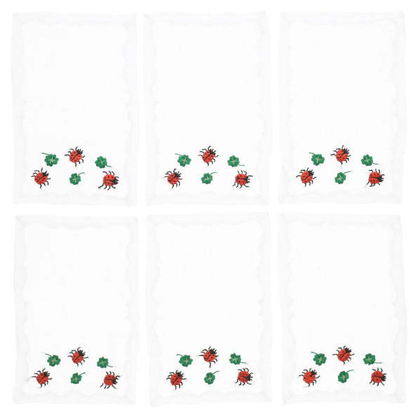 Set of 6 Hand-Embroidered Cocktail Napkins - Ladybug