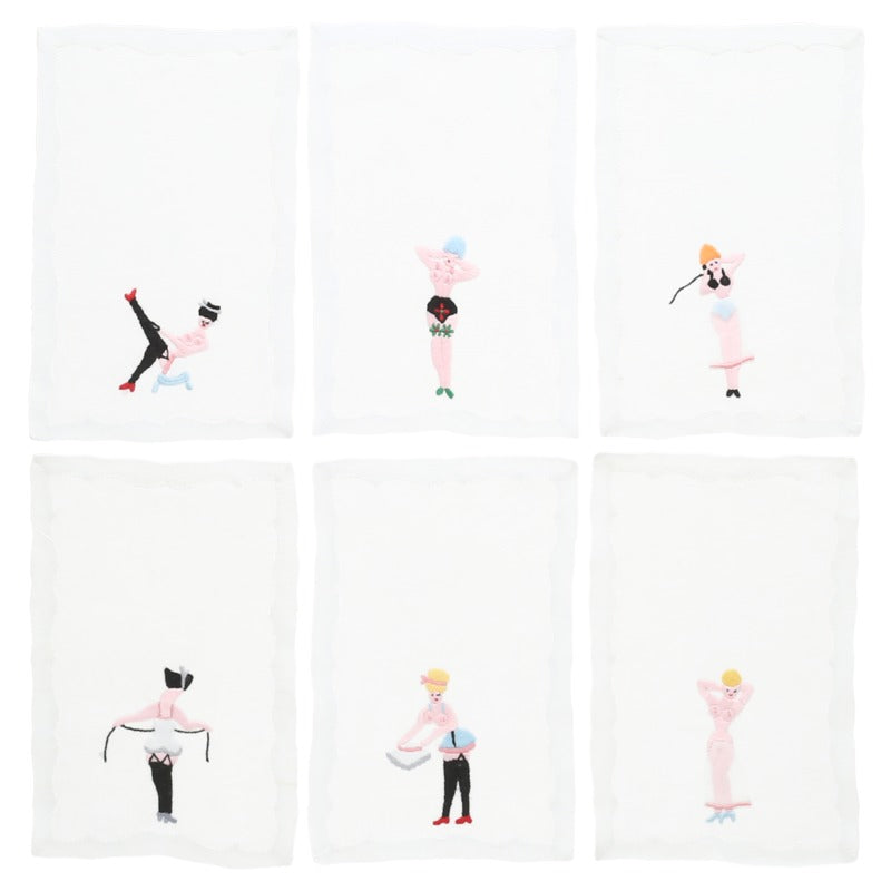 Set of 6 Hand-Embroidered Cocktail Napkins - Pin up Girls