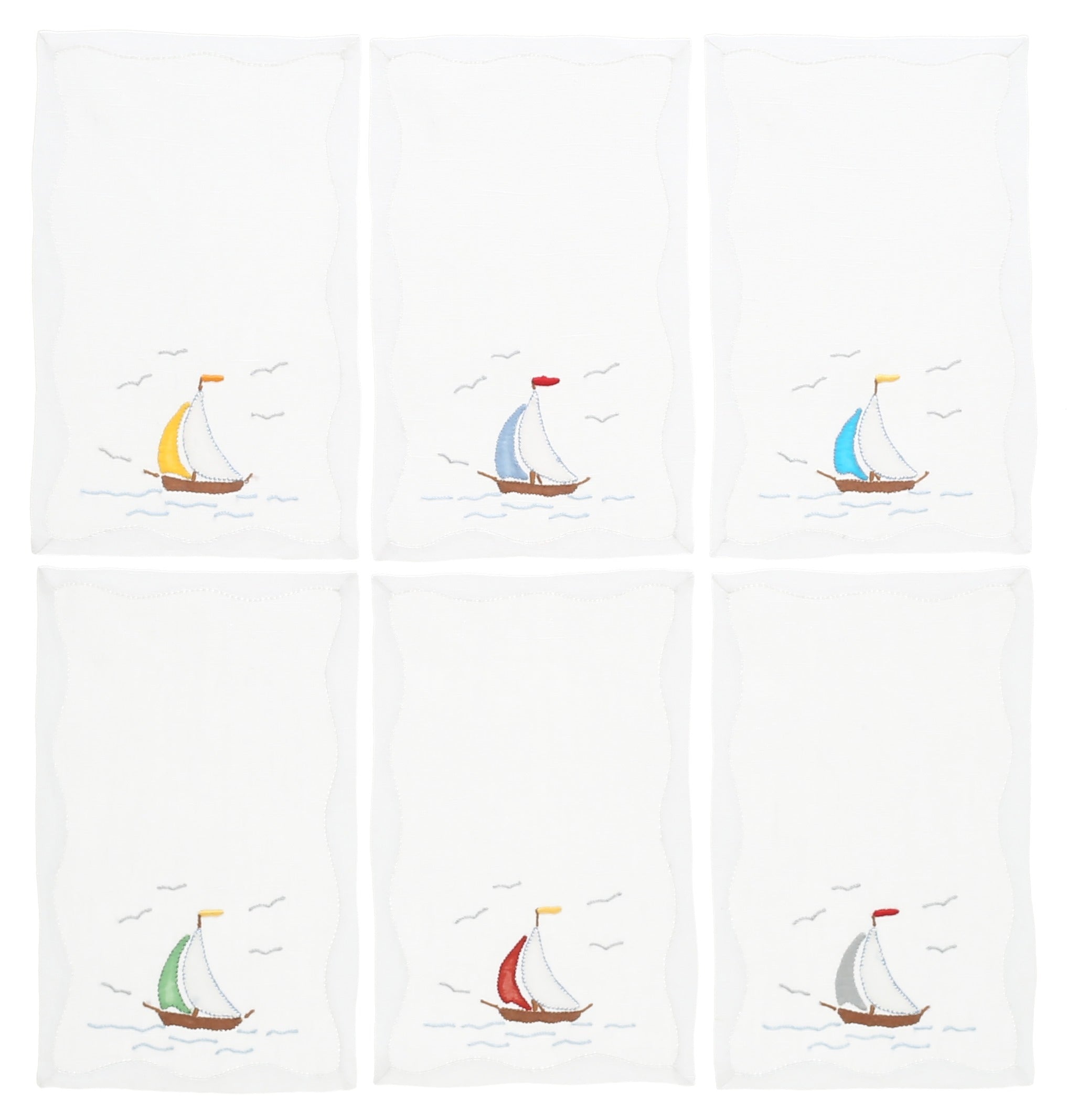 Set of 6 Hand-Embroidered Cocktail Napkins - Sailing Boats