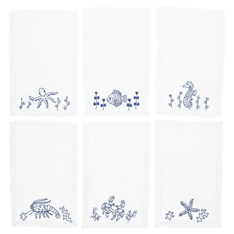 Set of 6 Hand-Embroidered Cocktail Napkins - Blue Fish