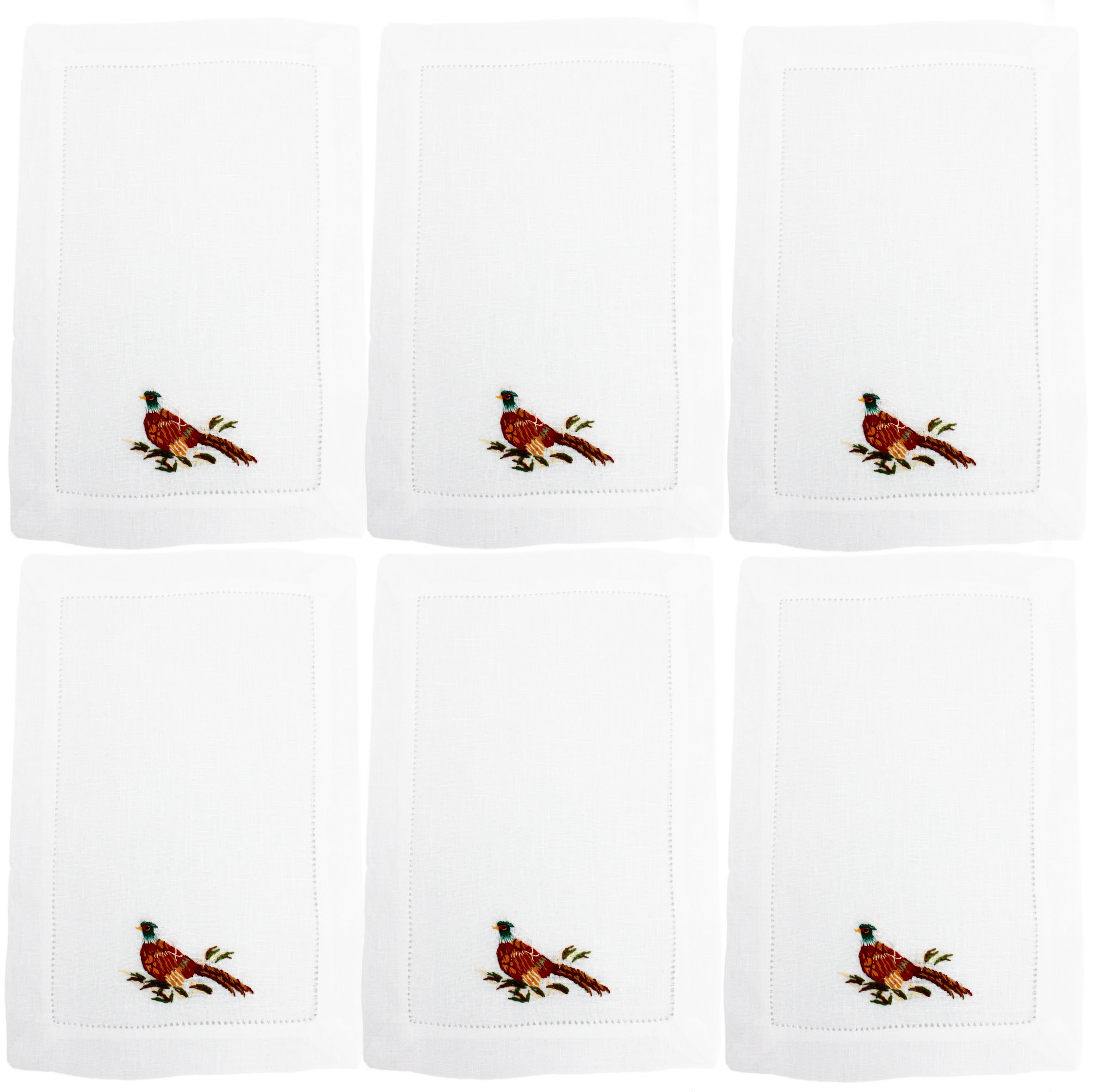 Set aus 6 handbestickten Cocktailservietten - Fasan