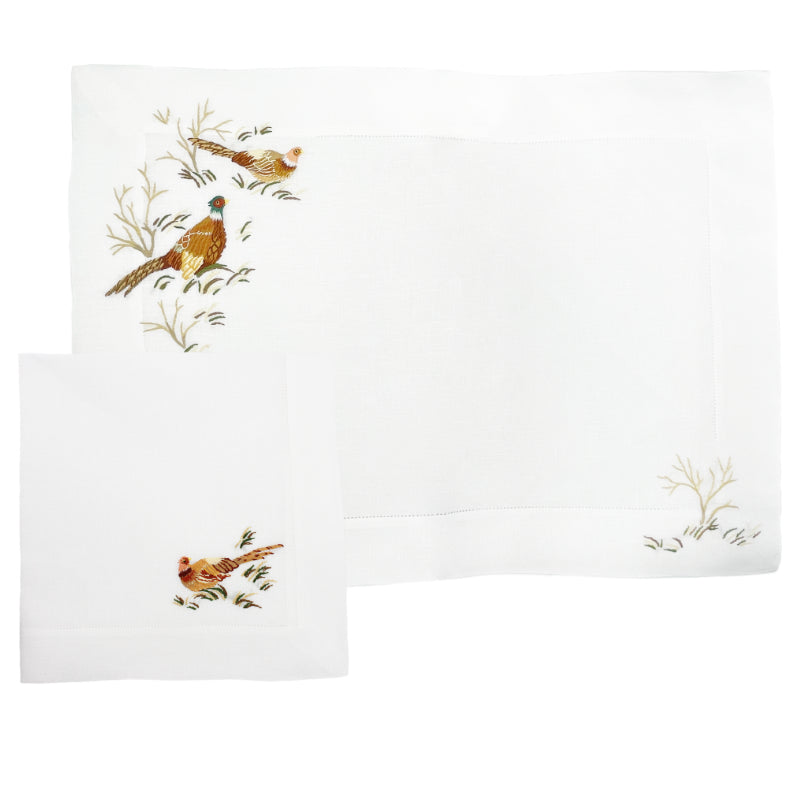 Set of 6 hand-Embroidered Placemats with Napkins - Phaesants