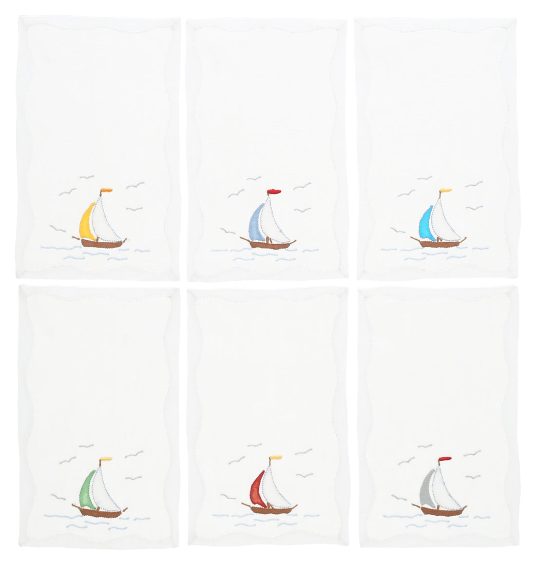 Set of 6 Hand-Embroidered Cocktail Napkins - Sailing Boats