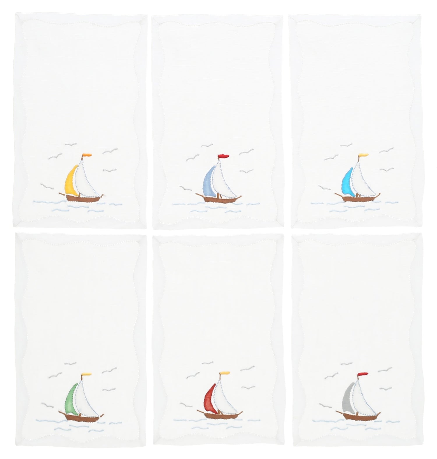 Set of 6 Hand-Embroidered Cocktail Napkins - Sailing Boats