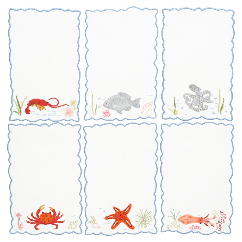 Set of 6 Hand-Embroidered Cocktail Napkins - Fish
