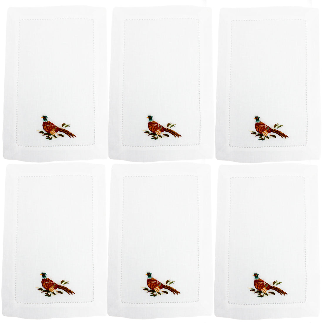 Set of 6 Hand-Embroidered Cocktail Napkins - Pheasant