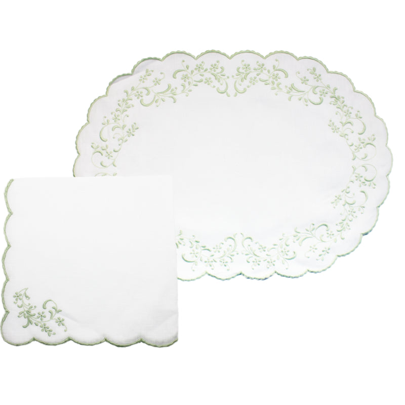 Set of 6 Hand-Embroidered Placemats with Napkins - Greenery